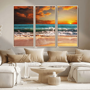 Golden Sunset Beach Canvas Wall Art – Triptych Seascape