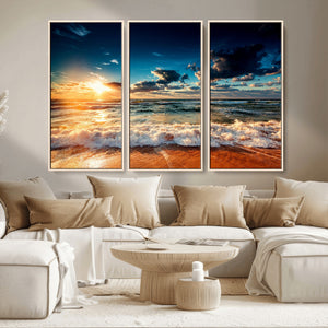 Golden Hour Sunset Over Ocean Waves Wall Art Canvas Print |