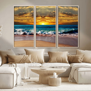Ocean Sunrise Over Golden Beach Waves, Giclee Canvas Wall