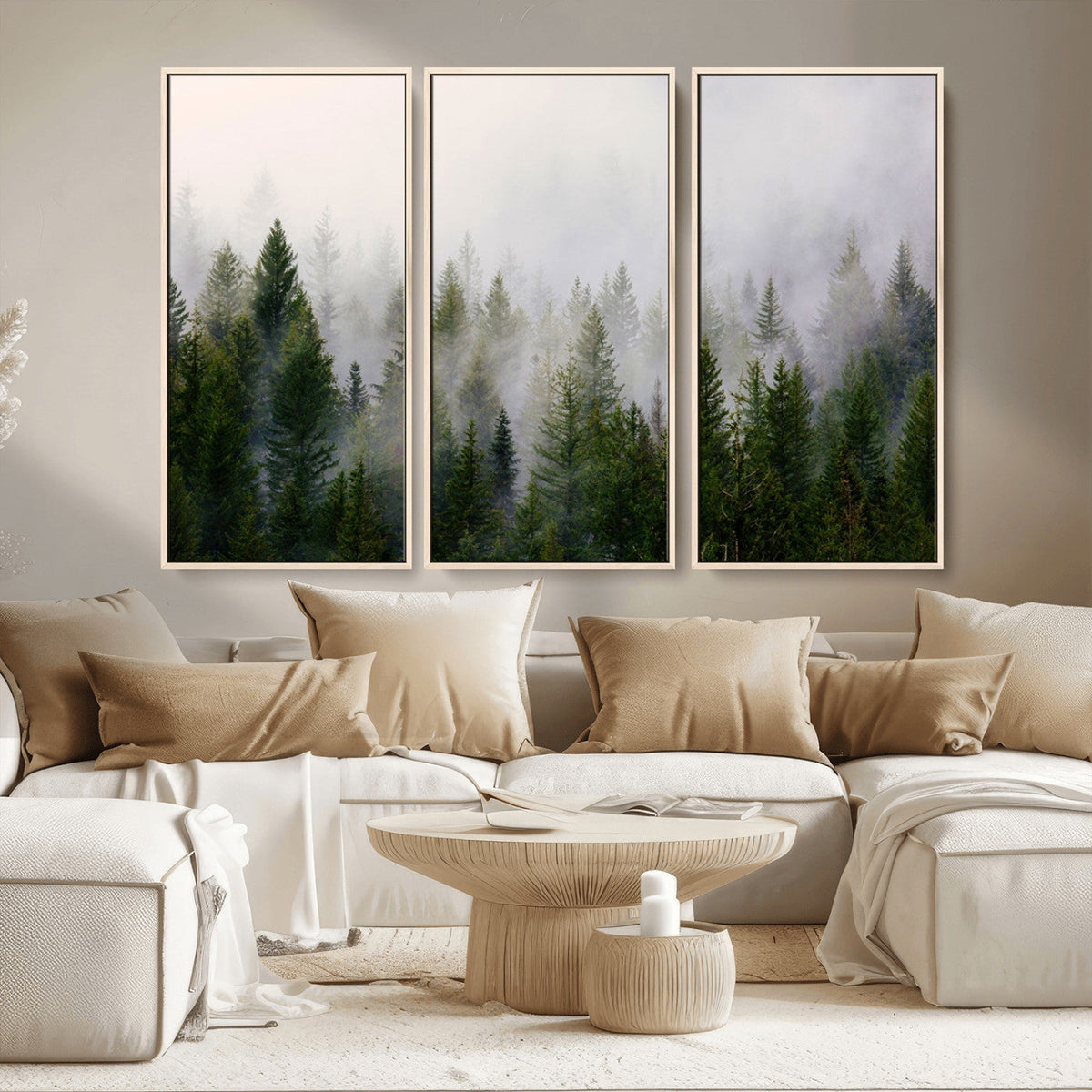 Misty Pine Forest Wall Art Canvas Print | 3 Panel Green