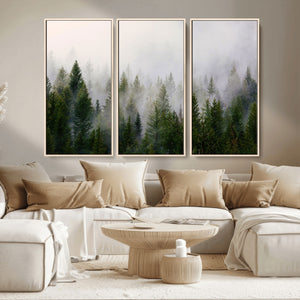 Misty Pine Forest Wall Art Canvas Print | 3 Panel Green