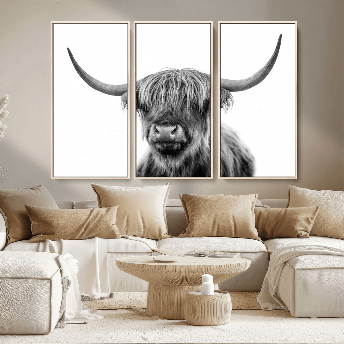 Grayscale Scottish Highland Cow Cattle Art Print Farmhouse