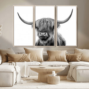 Grayscale Scottish Highland Cow Cattle Art Print Farmhouse