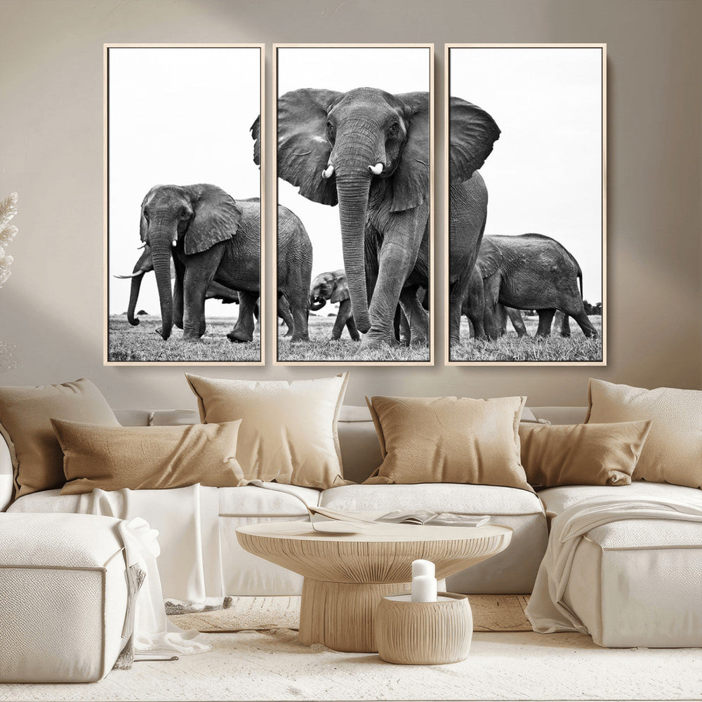 Black White Elephant Family Wall Art Canvas Print
