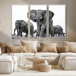 Black White Elephant Family Wall Art Canvas Print