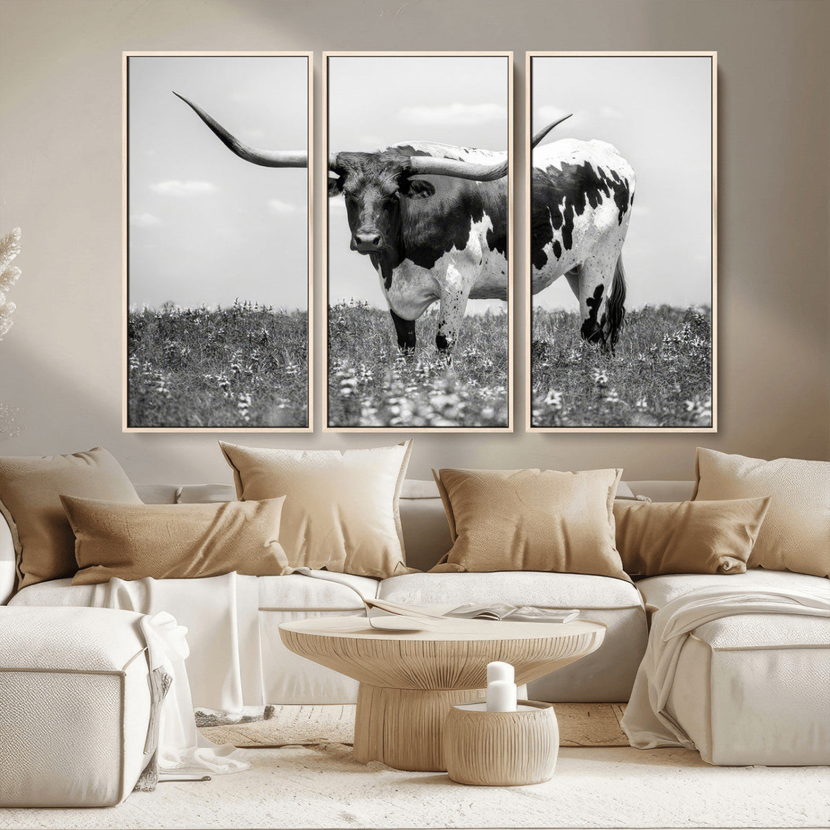 Texas Black White Highland Longhorn Cow Wall Art Canvas
