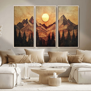 Wood Style Abstract Mountain Sunset Canvas Wall Art Print -