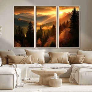 Golden Sunset Over Mountain Forest Canvas Wall Art Print -