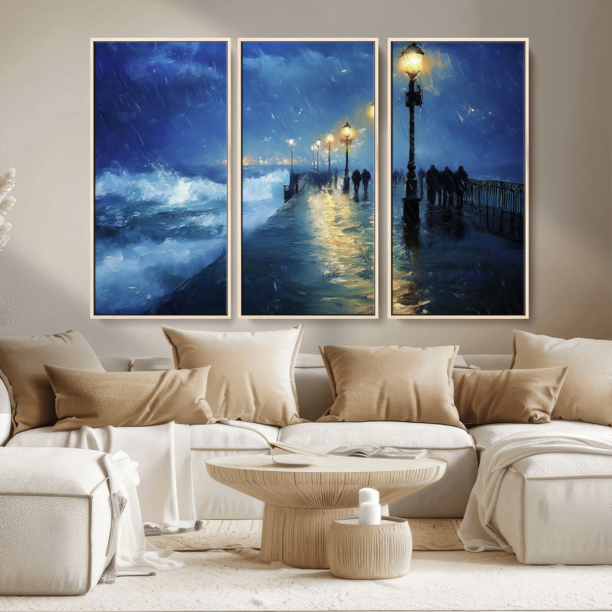 Storm Ocean Pier Canvas Wall Art Print - Large Moody Night
