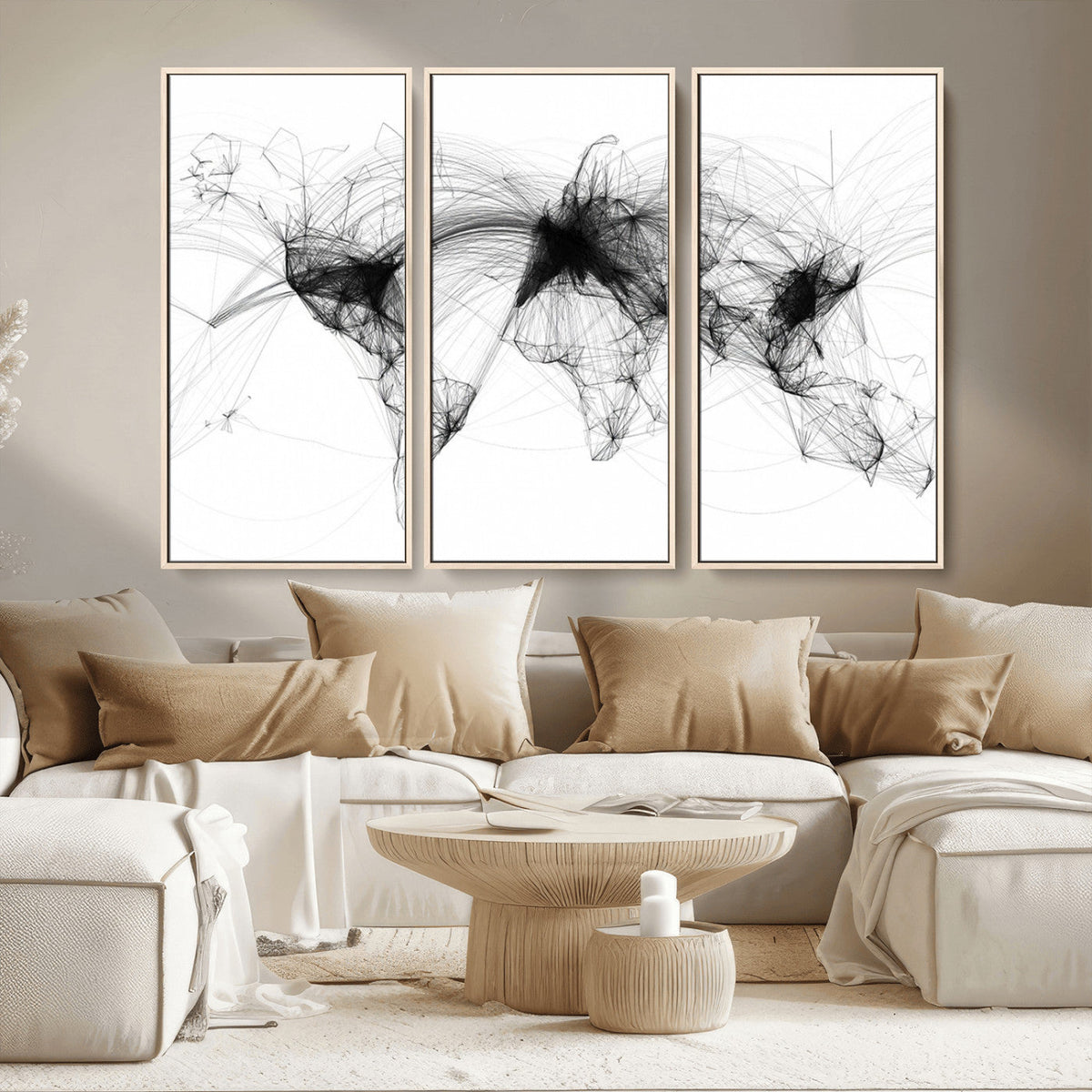 Abstract World Map Wall Art – Framed Geometric Line Canvas