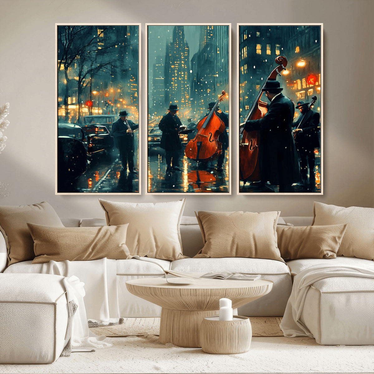 Urban Night Jazz Wall Art Canvas Print – Moody Rain-Soaked