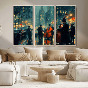 Urban Night Jazz Wall Art Canvas Print – Moody Rain-Soaked