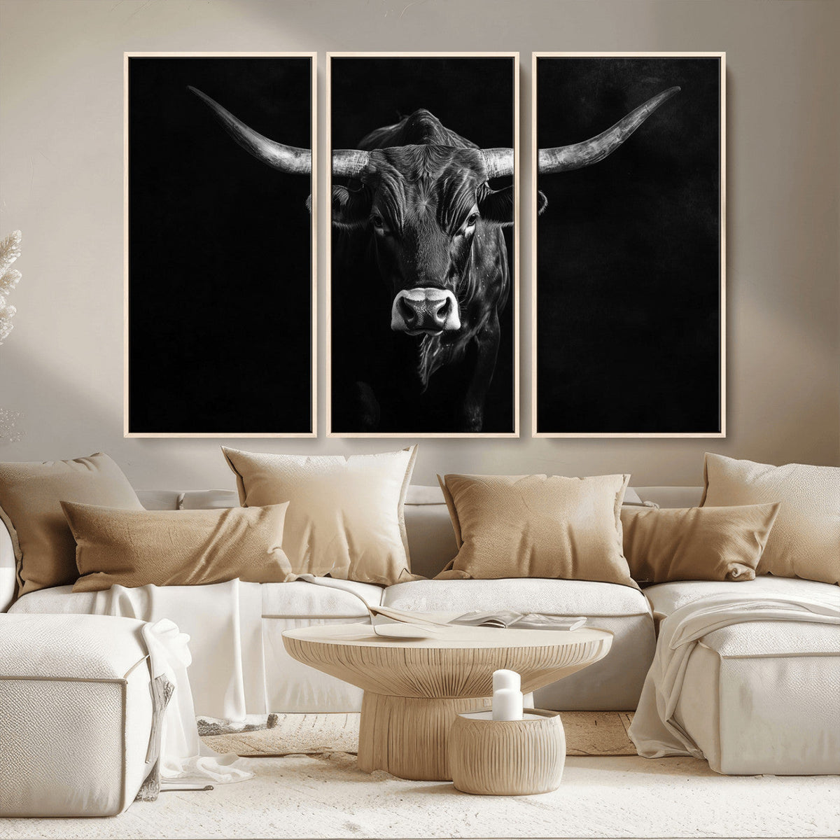Texas Longhorn Wall Art Canvas Print – Framed Monochrome