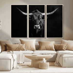 Texas Longhorn Wall Art Canvas Print – Framed Monochrome