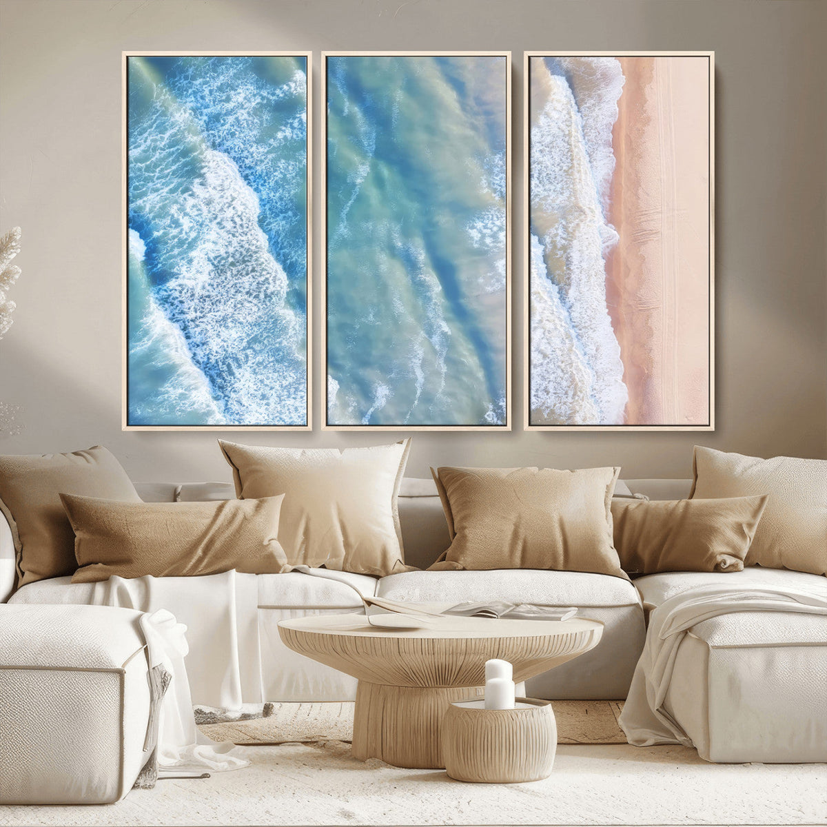 Aerial Ocean View Wall Art Canvas Print – Framed Soft Blue
