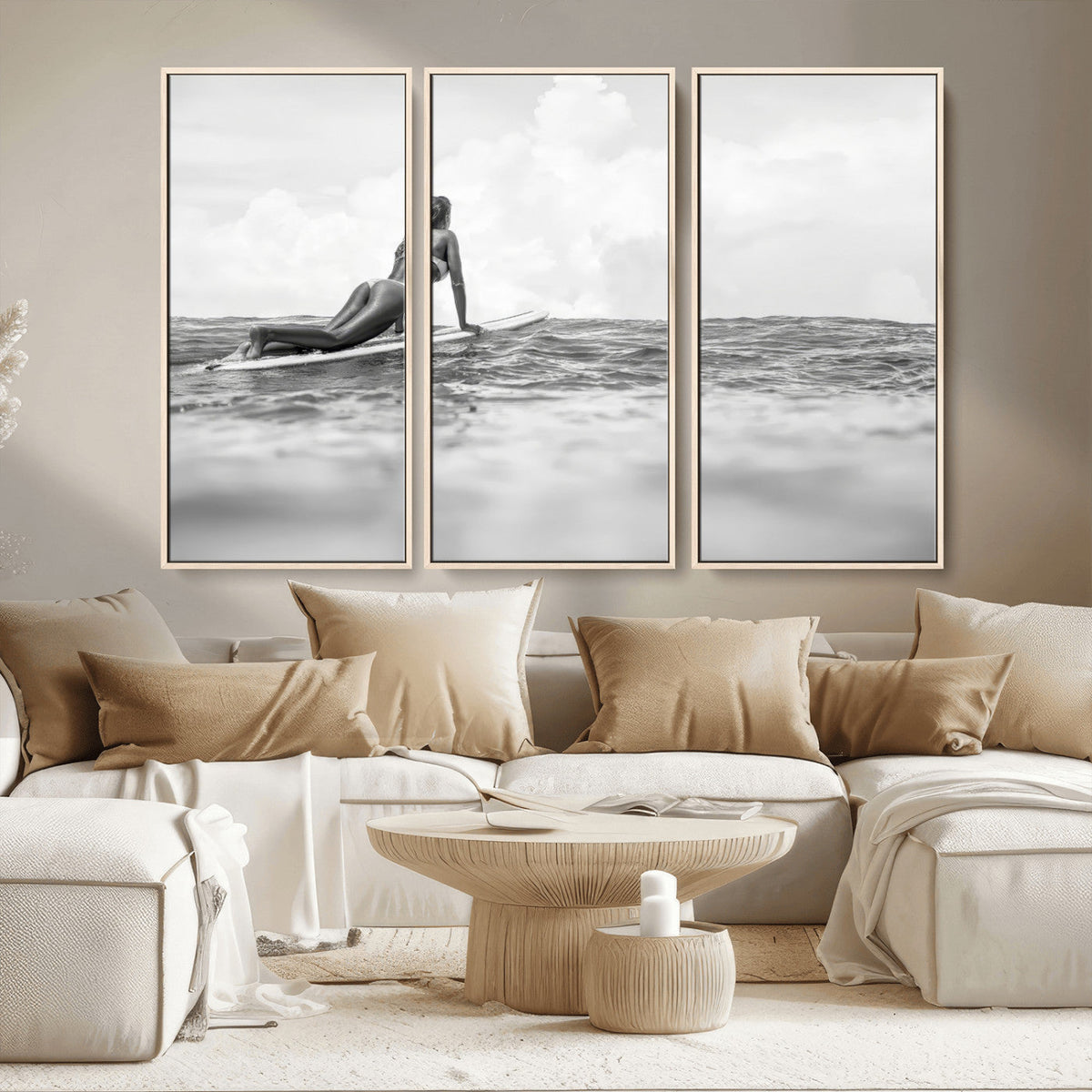 Black and White Surfing Wall Art Canvas Print – Framed Ocean