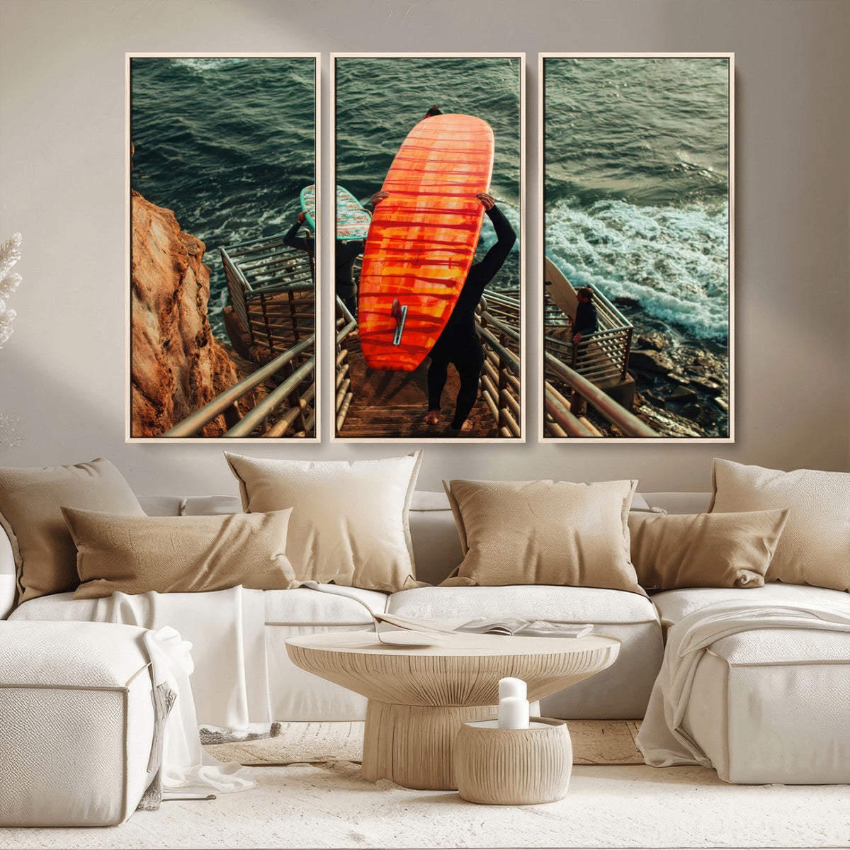 Surfer Stairway Wall Art – Framed Ocean Surf Canvas Artwork,