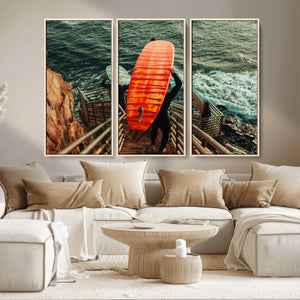 Surfer Stairway Wall Art – Framed Ocean Surf Canvas Artwork,