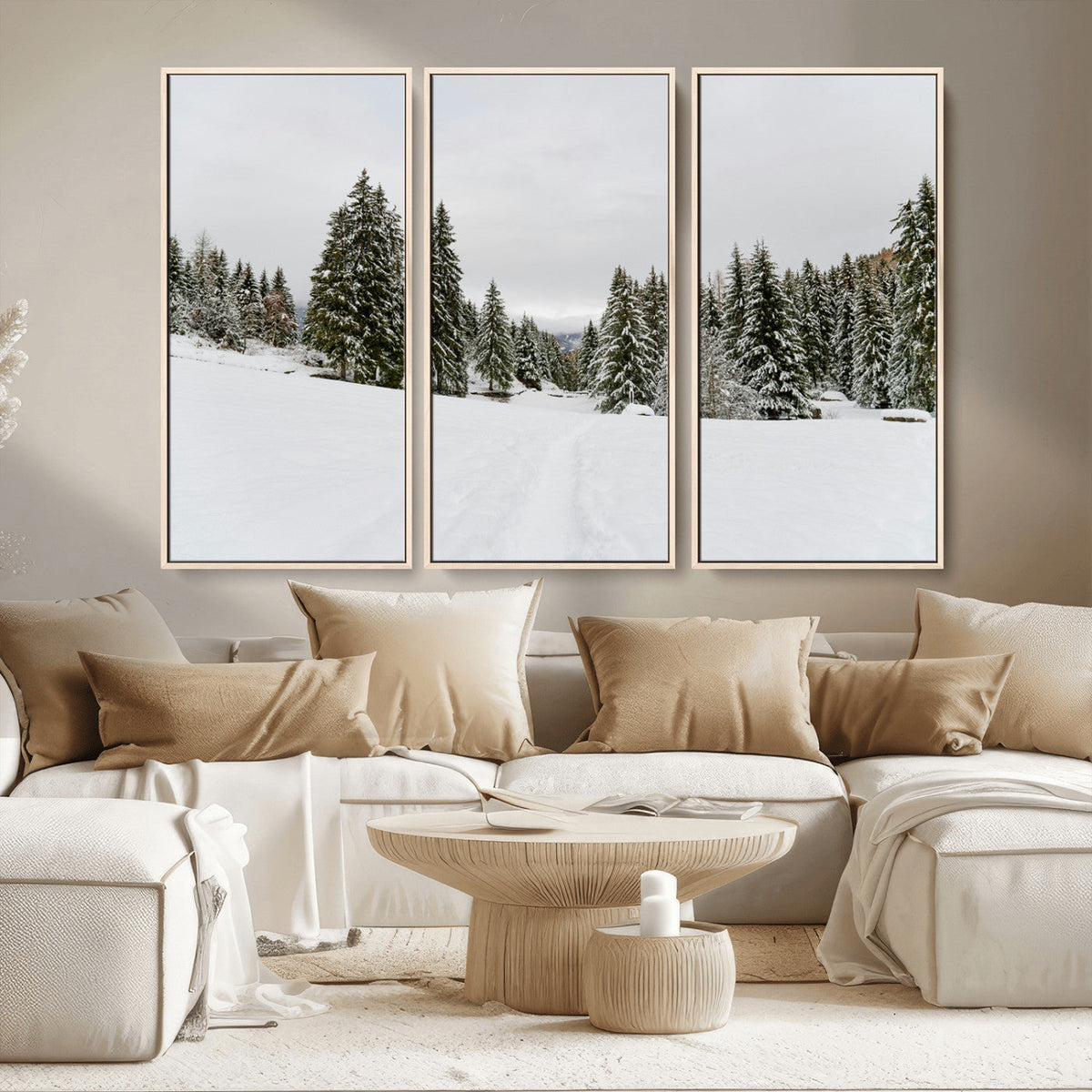Frosty Pines Wall Art Canvas Print – Framed Silent Snowfall