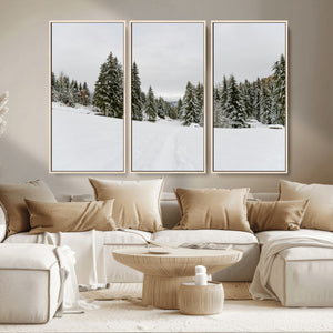 Frosty Pines Wall Art Canvas Print – Framed Silent Snowfall