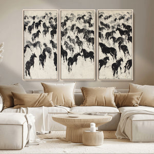 Wild Horse Stampede Wall Art Canvas Print – Monochrome