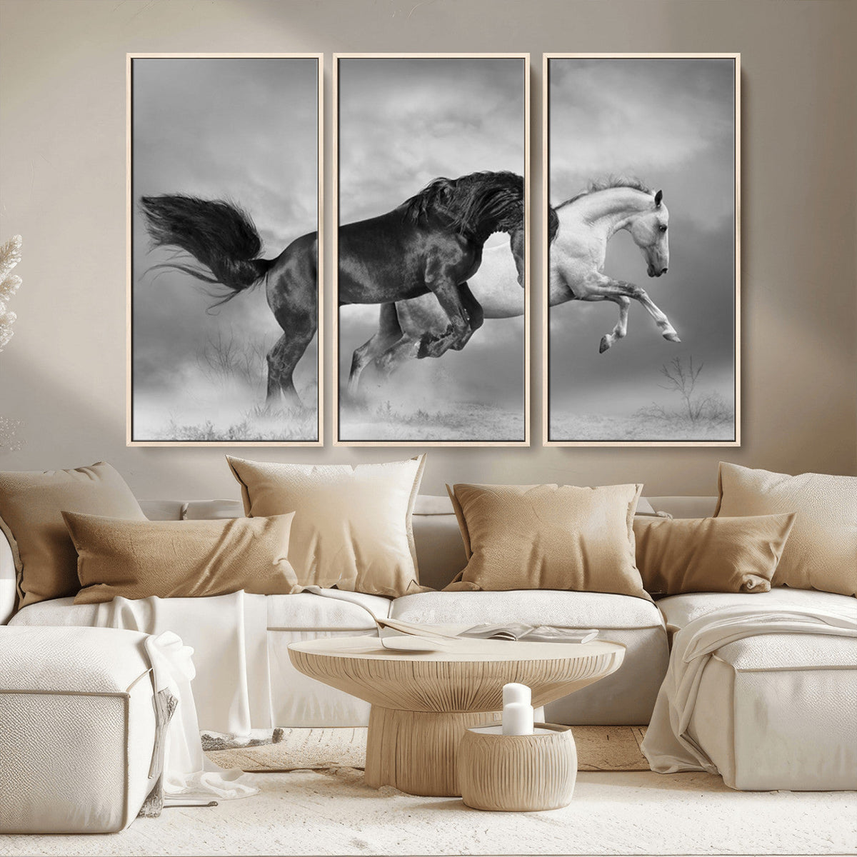 Wild Horses Wall Art Canvas Print – Framed Black and White