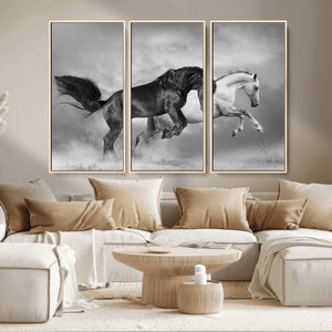Wild Horses Wall Art Canvas Print – Framed Black and White