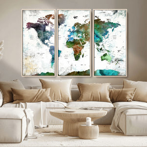 Modern Watercolor World Map Canvas Wall Art – Framed