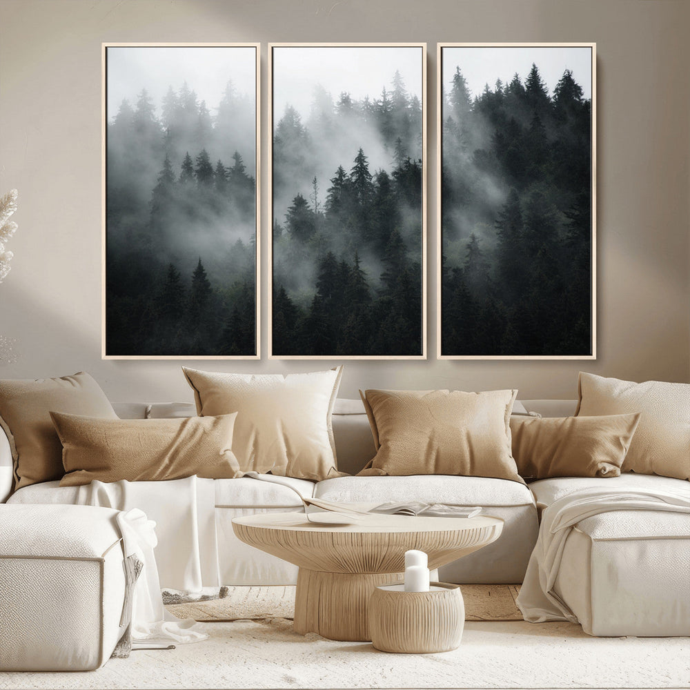 Foggy Forest Wall Art Canvas Print | 3 Panel Large Misty