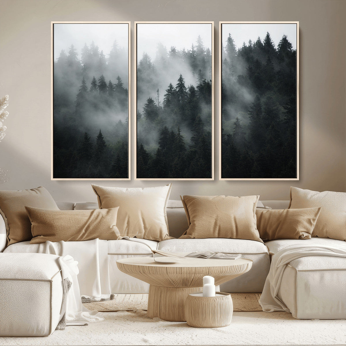 Foggy Forest Wall Art Canvas Print | 3 Panel Large Misty
