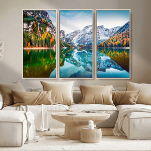 Spectacular autumn view of Braies Lake Wall Art Canvas Print