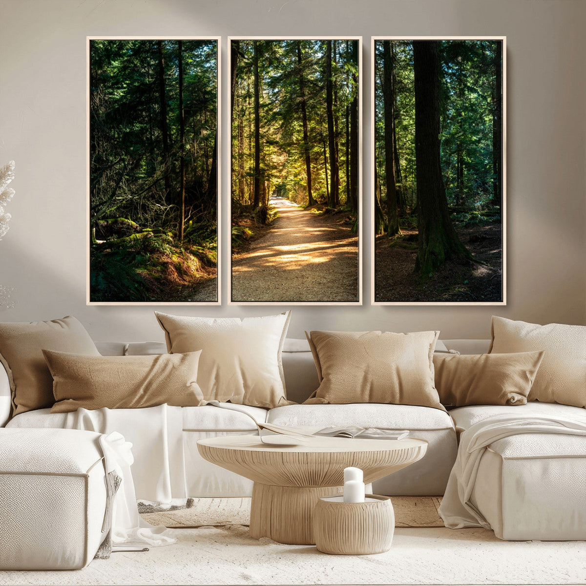Sunlit Forest Pathway Canvas Print | 3 Panel Large Nature