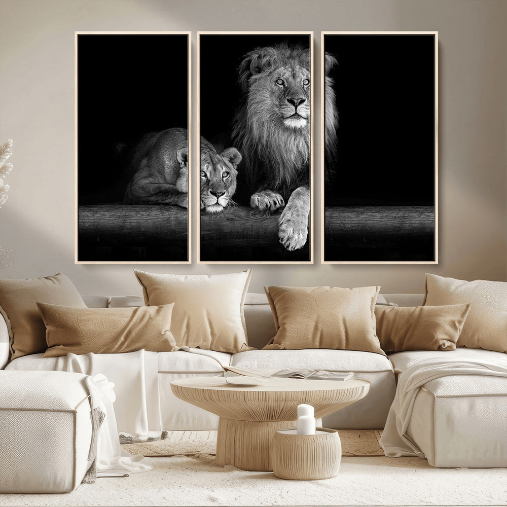 Large Black and White Lion Couple Wall Art Canvas Print –