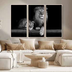 Large Black and White Lion Couple Wall Art Canvas Print –