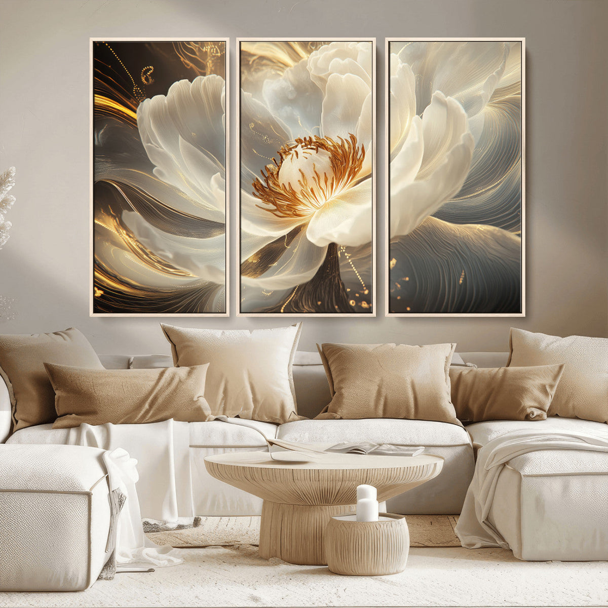 Gold Floral Wall Art Canvas Print, Framed Modern Flower Art