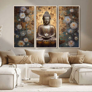 Golden Buddha Wall Art Canvas Print | Zen Meditation Floral