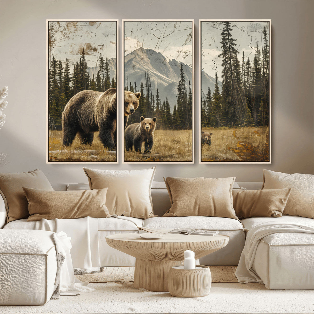 Rustic Grizzly 399 Bear Family Wall Art Canvas Print