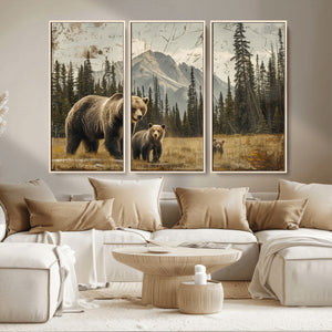 Rustic Grizzly 399 Bear Family Wall Art Canvas Print