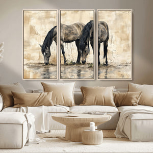 Chinese Style Abstract Black Horses Wall Art Canvas Print -
