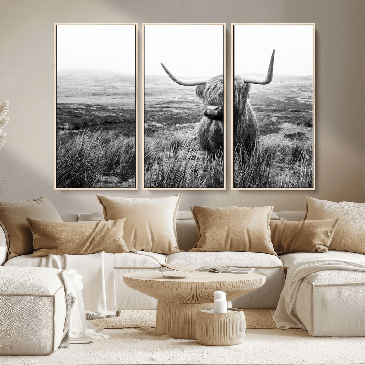 Scottish Highland Cow Wall Art | Black and White Canvas