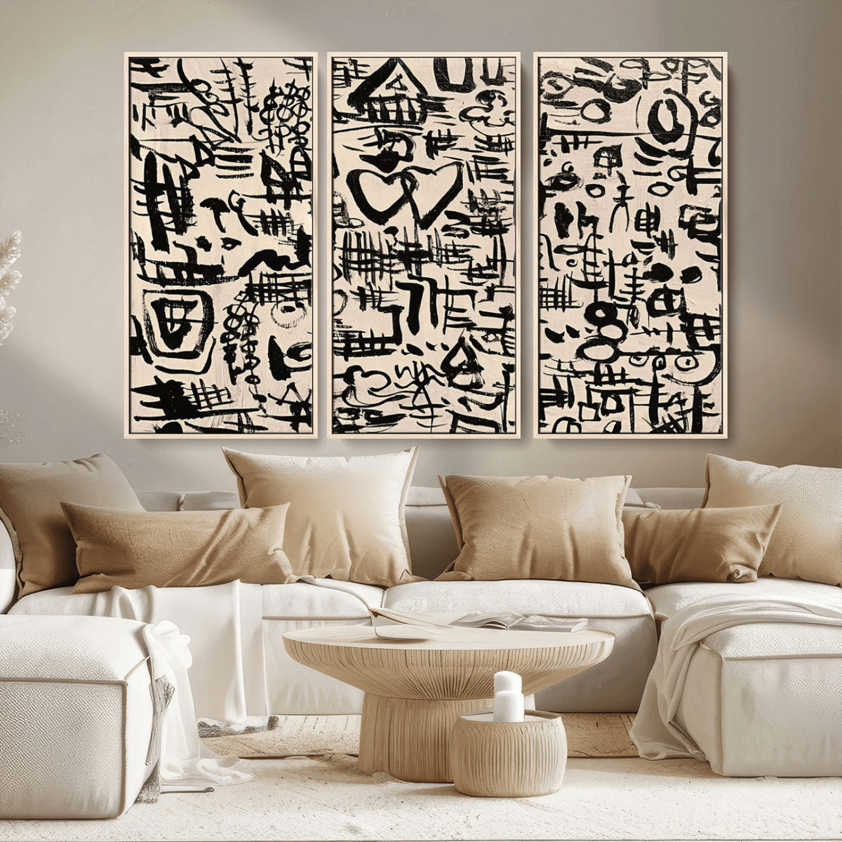 Abstract Love and Chaos Canvas Print, Black Symbols on Beige