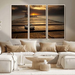 Stones on Wooden Pier at Sunset Canvas Print, Serene Coastal