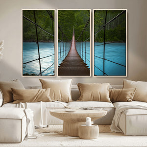 Suspension Bridge Over River Canvas Art | 3-Panel Nature