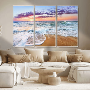 Coastal Sunset Art Beach Canvas Wall Art Print | Ocean Waves