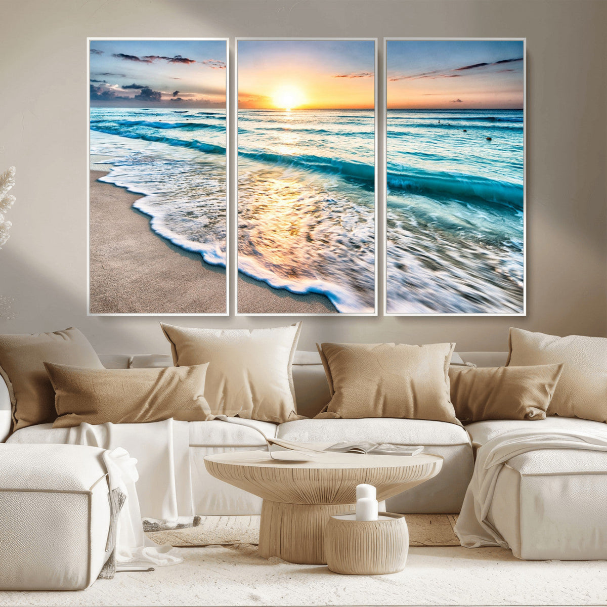 Sunset Beach Waves Canvas Wall Art – 5-Panel Ocean Sunset