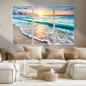 Sunset Beach Waves Canvas Wall Art – 5-Panel Ocean Sunset