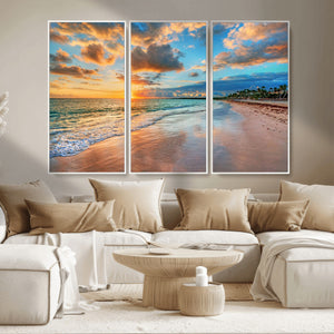 Sunset Ocean Waves on Tropical Beach, 3-Panel Giclee Canvas