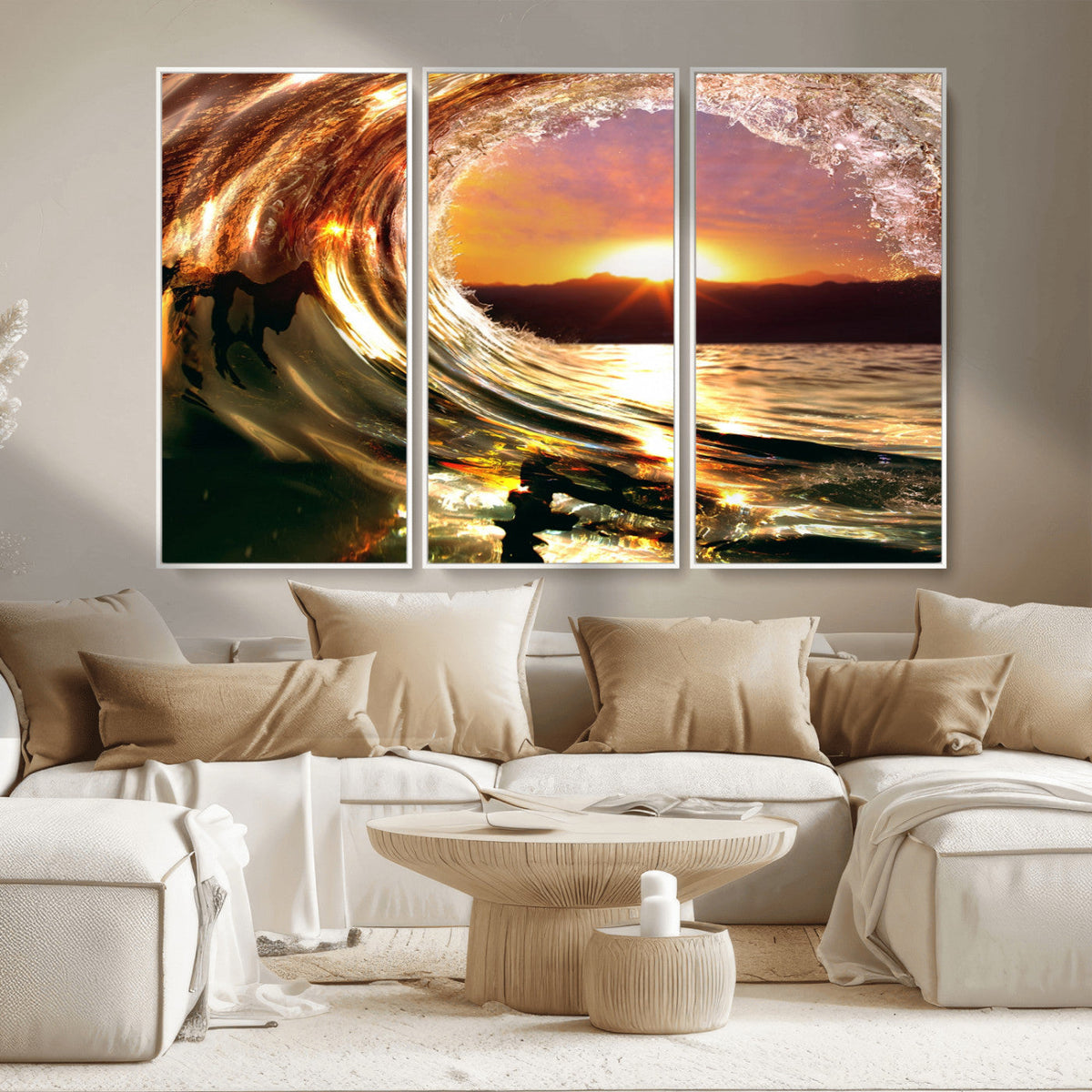 Golden Wave Sunset Triptych Canvas Art, Giclee Canvas Print