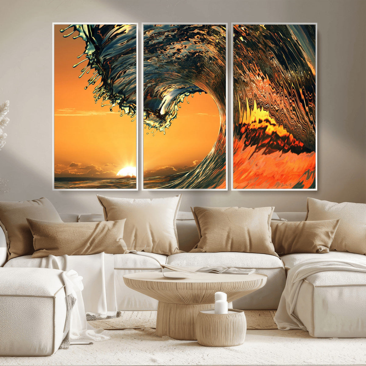 Surf Wave Sunset Canvas Wall Art Print, 3-Panel Ocean