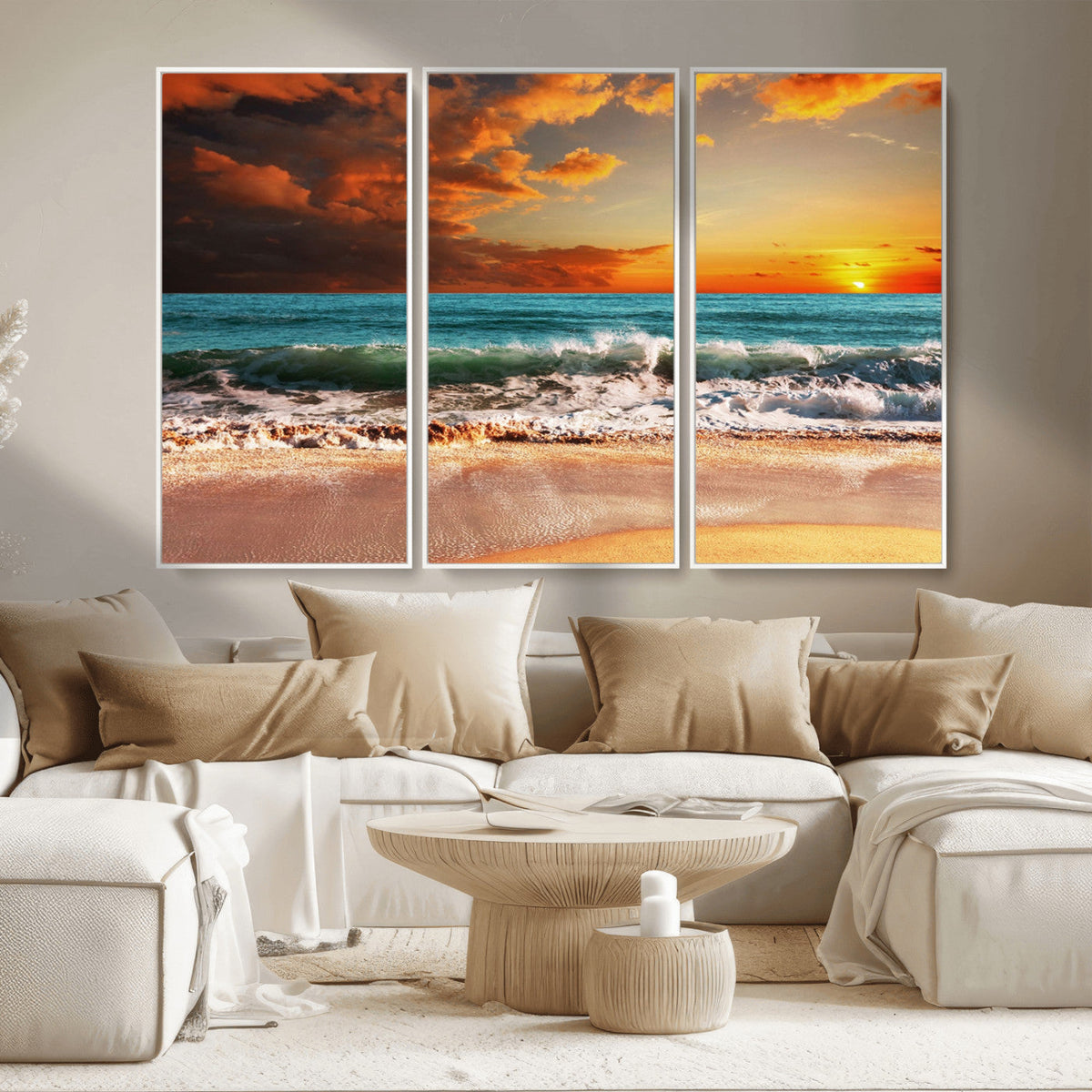 Golden Sunset Beach Canvas Wall Art – Triptych Seascape
